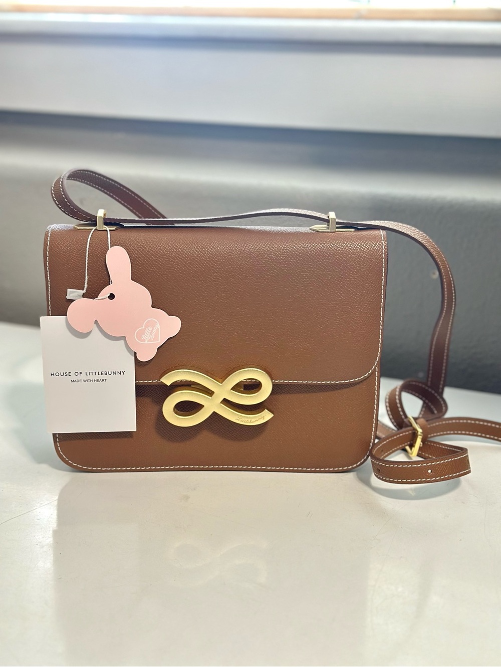 House of Littlebunny Tan Leather Crossbody Bag with Gold Accent